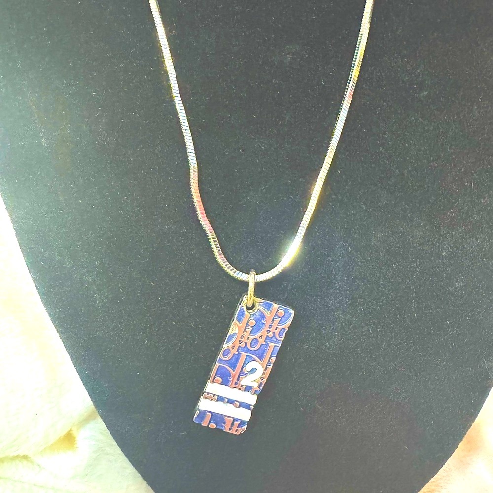 Dior Trotter 2 Necklace Navy Enamel Pendant Galliano Y2K Silver Rare Authentic - Picture 2 of 10